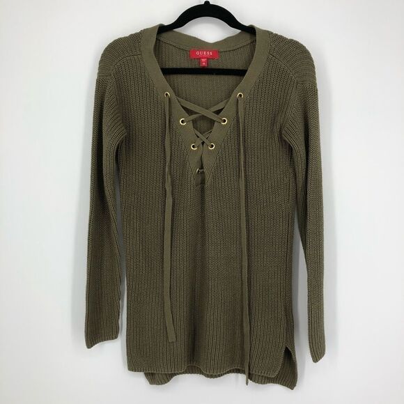 GUESS Khloe Lace-Up Sweater in Green - Picture 1 of 13